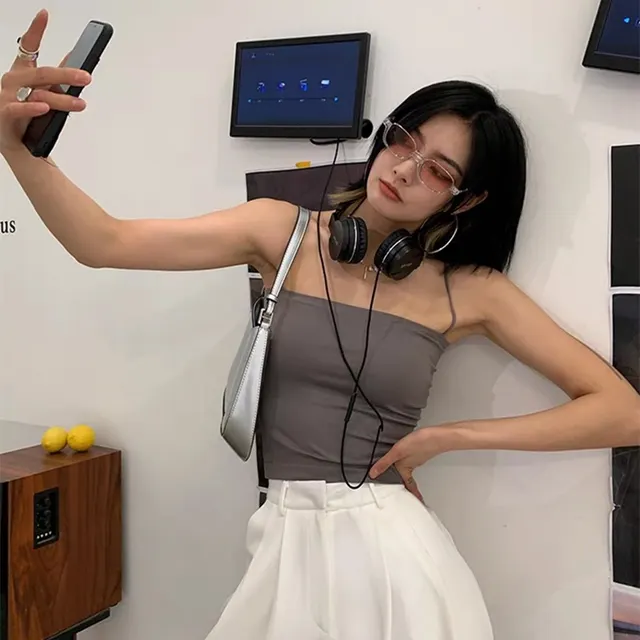 Ice Silk Solid Color Camisole Women's Integrated Chest Pad Outer Wear Sand Grey - Shop at LoveMi