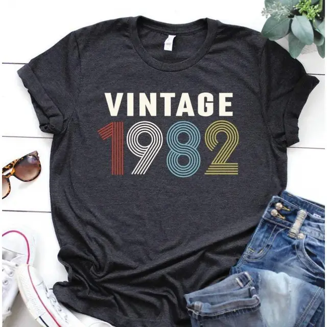 European And American Retro Color Digital Print T shirt Short sleeved Top Dark Grey1982 - Shop at LoveMi