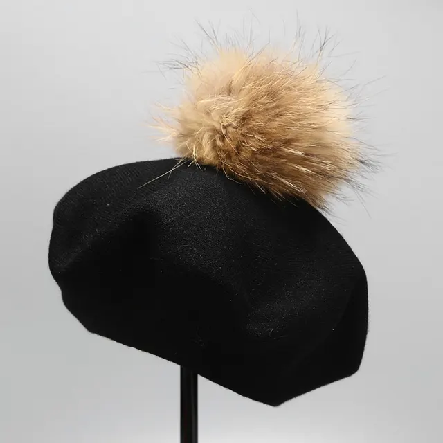 Ins Hat New Real Hair Ball Beret Women Black - Shop at LoveMi