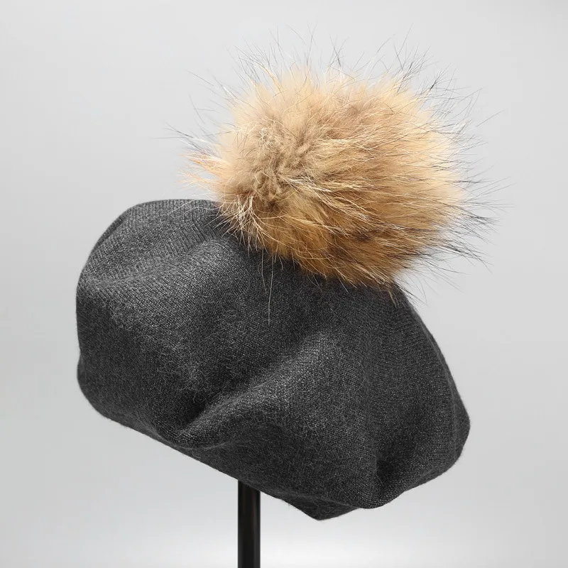 Ins Hat New Real Hair Ball Beret Women Dark Grey - Shop at LoveMi