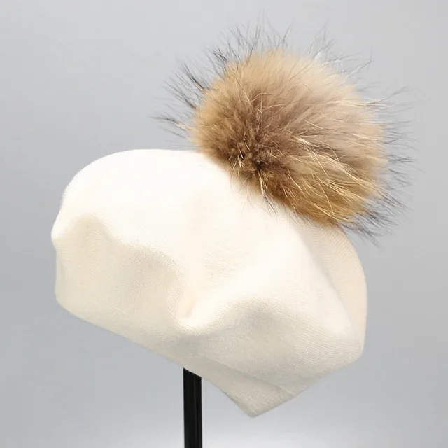 Ins Hat New Real Hair Ball Beret Women White - Shop at LoveMi