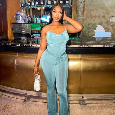 Ladies Fashion Lace Up Tube Top Slim Fit Hip Lift Casual Pants Light Blue - Shop at LoveMi