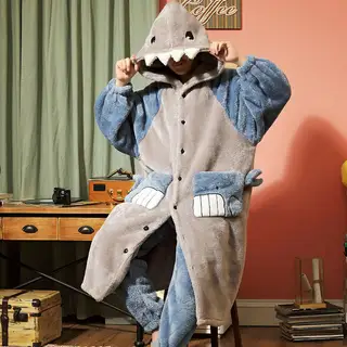 Couples Thick Flannel Hooded Pajama Set - Grey Mens