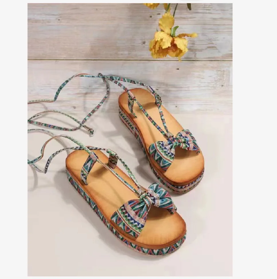 Ankle Strap Platform Ethnic Sandals Bohemian Green - Shop at LoveMi
