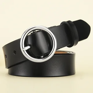 Women's Leather Belt All Match Round Buckle - Silver Buckle Black