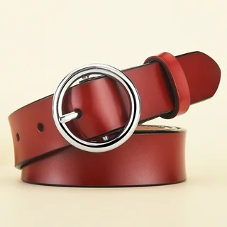 Women's Leather Belt All Match Round Buckle - Silver Buckle Red