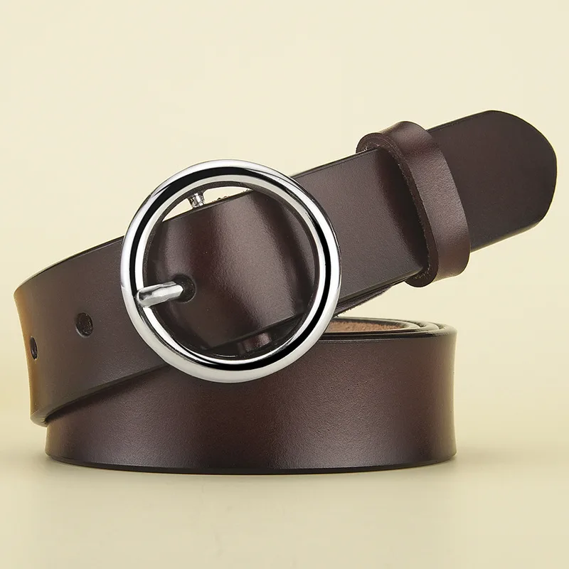 Women's Leather Belt All Match Round Buckle Silver Button Brown - Shop at LoveMi