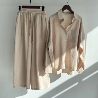 Women's 2-piece Retro Plus Size Shirt Outfit High Waist Loose Trousers - Apricot
