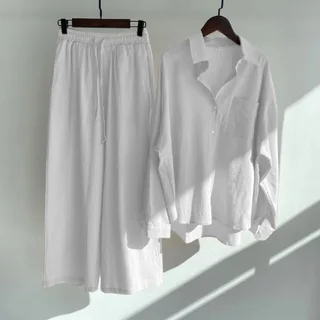 Women's 2-piece Retro Plus Size Shirt Outfit High Waist Loose Trousers - White