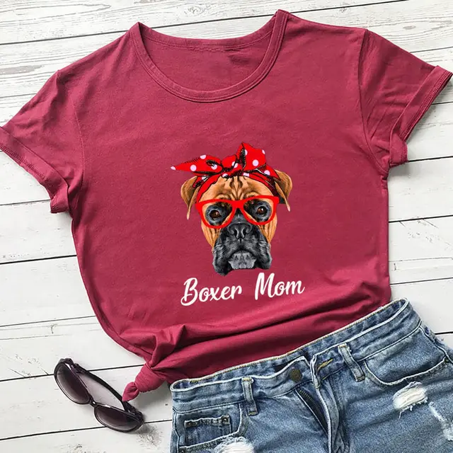 Cute Pet Mom Summer T shirt European And American Round Neck Short Sleeve Wine Red - Shop at LoveMi