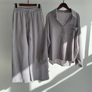 Women's 2-piece Retro Plus Size Cotton Linen Shirt Outfit High Waist Loose Trousers - Gray