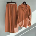 Women's 2-piece Retro Plus Size Cotton Linen Shirt Outfit High Waist Loose Trousers - Red