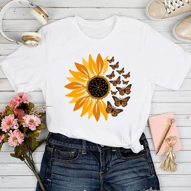 New Love Sunflower Printed Short sleeved Top Cute Pattern T shirt Top For Women A White - Shop at LoveMi