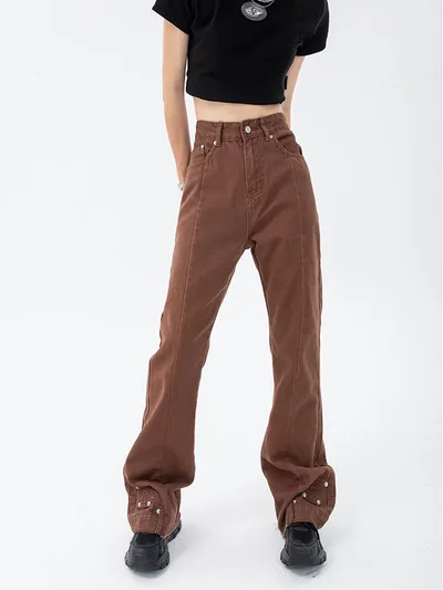 American High Street Trousers Pocket Design Casual Workwear Coffee - Shop at LoveMi