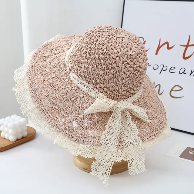Women's Big Brim Beach Lace Strap Bow Hat Pink - Shop at LoveMi