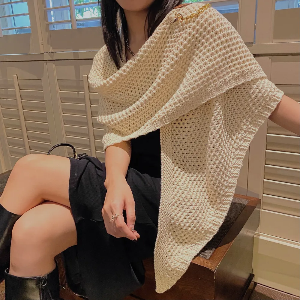 Women's Hollow Knitted Leather Buckle Shawl Spring Autumn - Beige