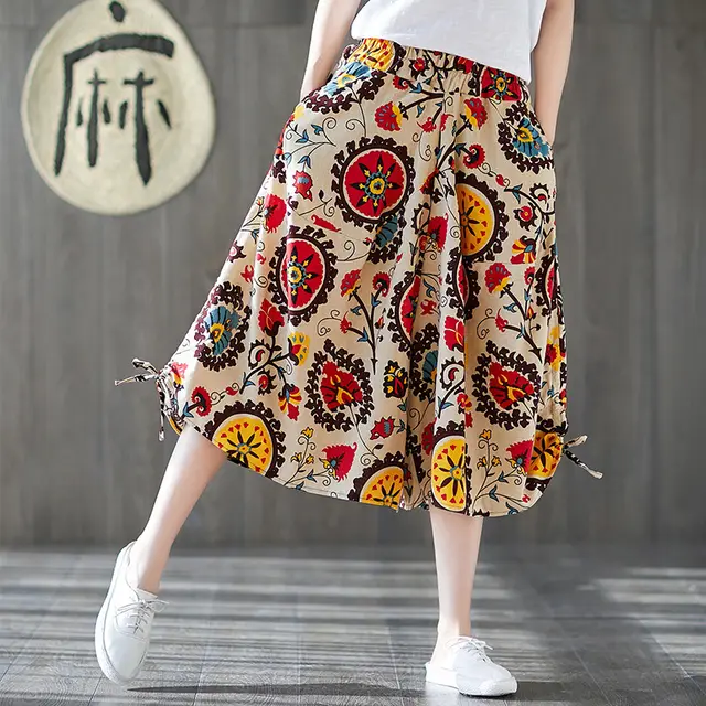 Women's Cotton Linen Ethnic Print Bloomers Sun Flowers - Shop at LoveMi