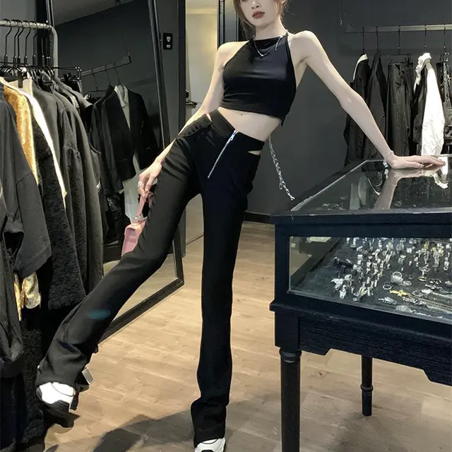 Women's Black Zipper Waistless Slim Fit Elastic Slim Casual Pants Black - Shop at LoveMi