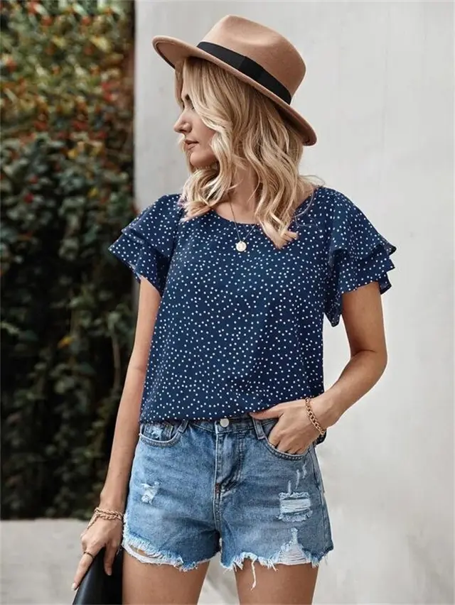 Printed Dot Red Lotus Leaf Versatile T Shirt Blue - Shop at LoveMi