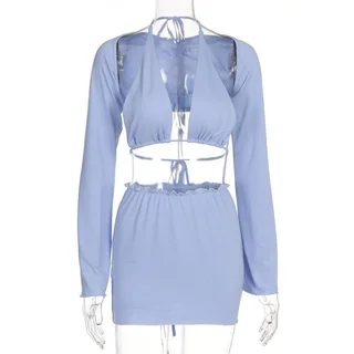 Lace-up Halterneck Braces Long Sleeve Waistcoat Skirt Three-piece Suit - Blue