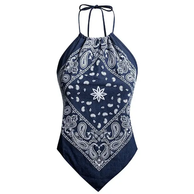 European And American Round Neck Print Undershirt Top Dark Blue - Shop at LoveMi