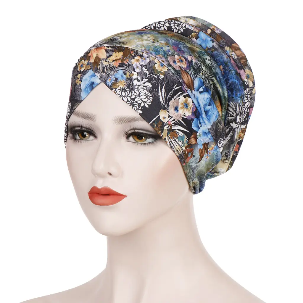 Back Sponge Hair Toe Cashew Flower Print - Lake Blue Black