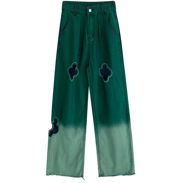 Women's Loose Gradient Cutout Straight Leg Jeans Green - Shop at LoveMi