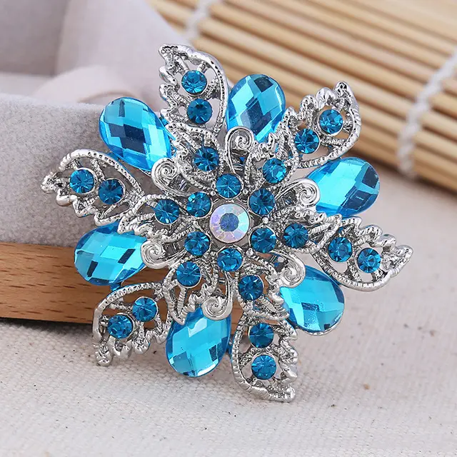 Gorgeous Unique Turquoise Silver Crystal Rhinestone Vintage Flower Brooch Pin Blue - Shop at LoveMi