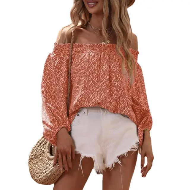 Printed Long Sleeve Shirt Slip Neck Loose Top Orange - Shop at LoveMi