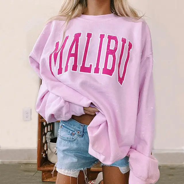 Long Sleeve Loose Round Neck Casual Lettering Ladies Sweatshirt Pink - Shop at LoveMi