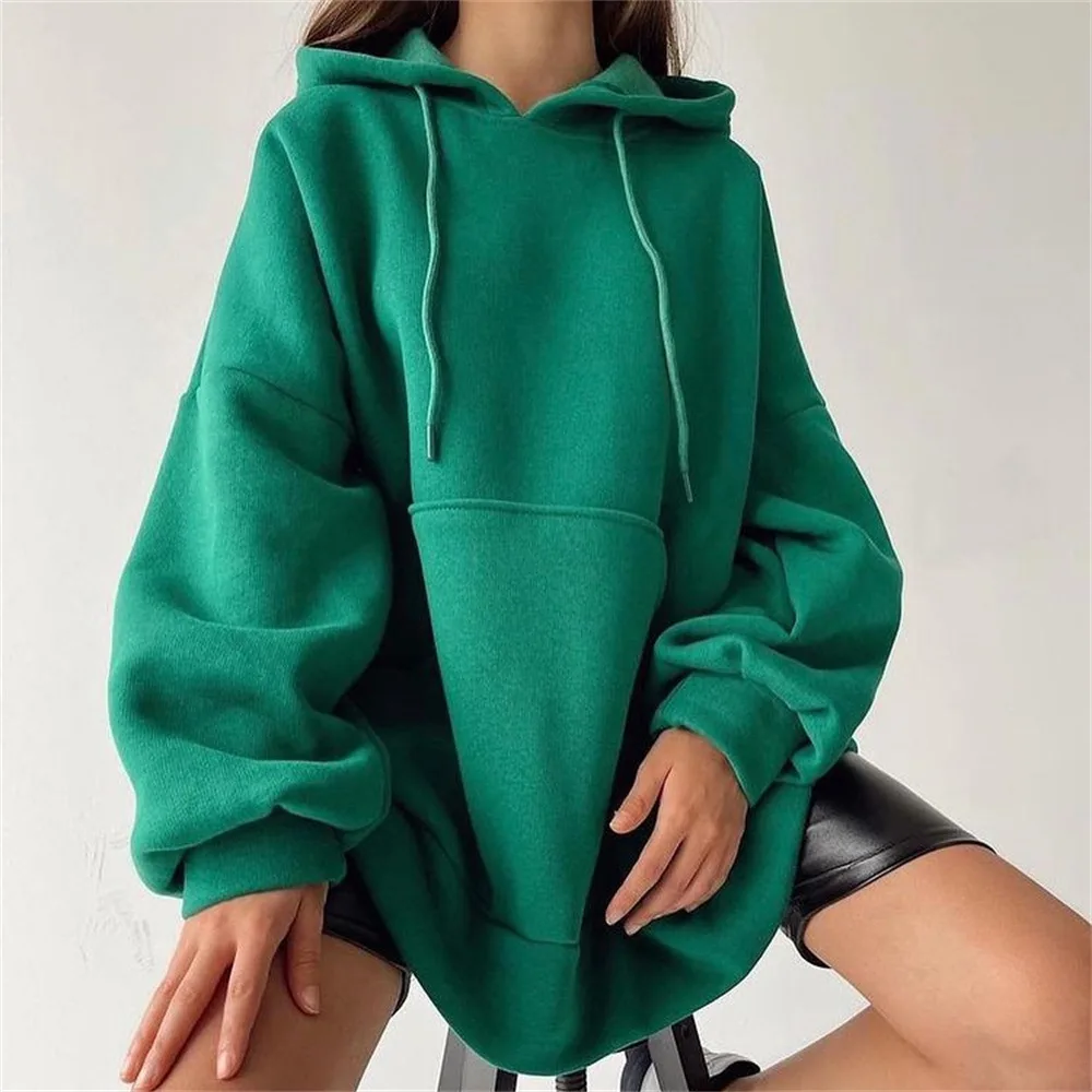 Fleece Pullover Loose Versatile Solid Color Hoodie Sweater - Green
