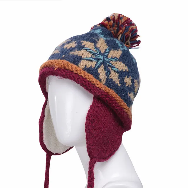 Thickened Warm Jacquard Wool Hat Pure Handmade Navy Blue And Wine Red - Shop at LoveMi