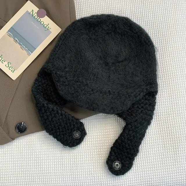Hand knit Plush Toe And Ear Protection Beanie Black - Shop at LoveMi