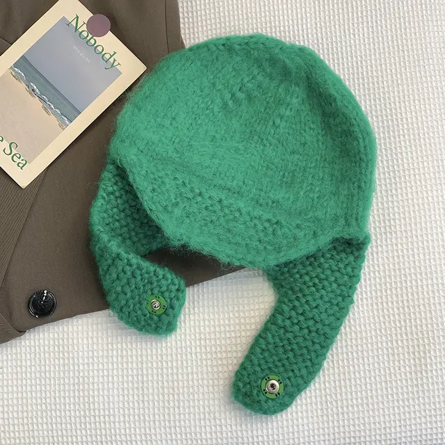 Hand knit Plush Toe And Ear Protection Beanie Green - Shop at LoveMi