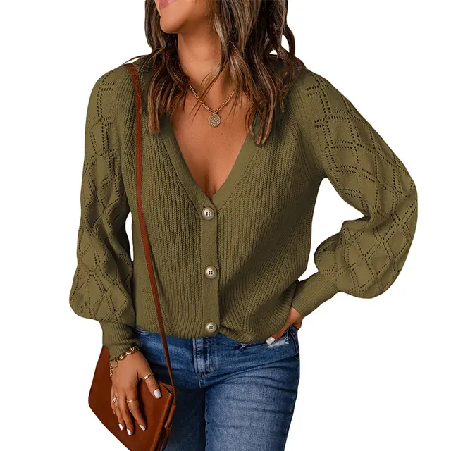 Women's Solid Color Rhombus Puff Sleeve Knitted Sweater Coat Olive - Shop at LoveMi