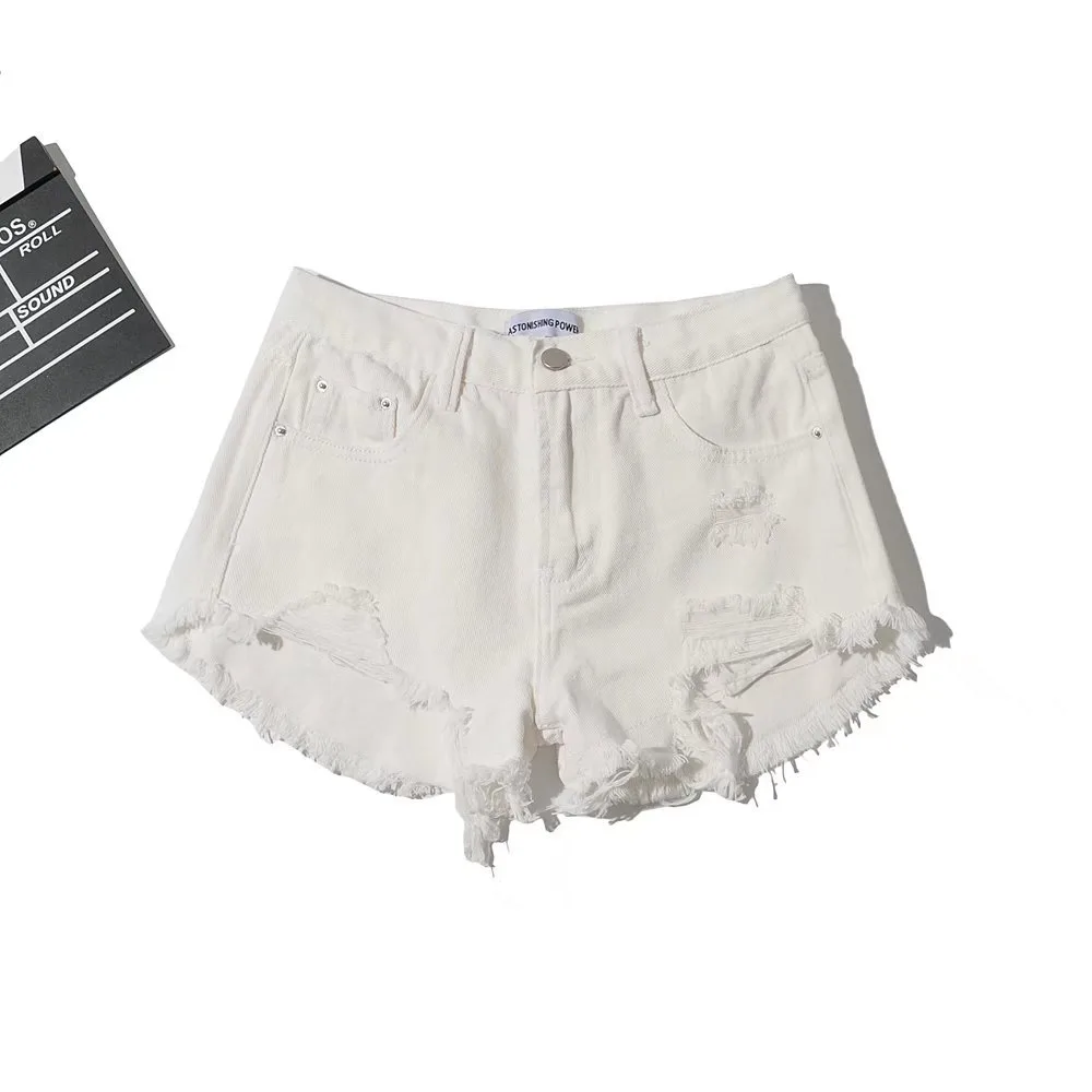 Women's New Low Waist Fringe Denim Shorts - White
