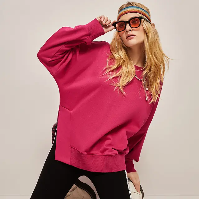 New Loose Pullover Sweater Women's Loose And Slim Casual Side Slit Dragon Fruit Color - Shop at LoveMi