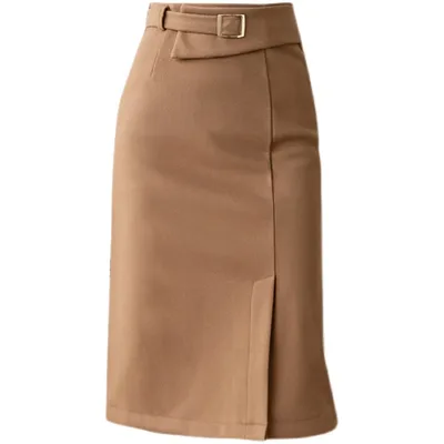 Irregular Skirt Woolen Slit Pack Hip Khaki - Shop at LoveMi