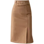 Irregular Skirt Woolen Slit Pack Hip - Khaki