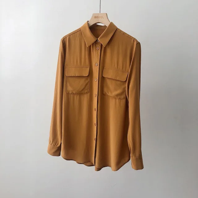 Square Neck Long Sleeve Pocket Rounded Silk Shirt Sudan Brown - Shop at LoveMi