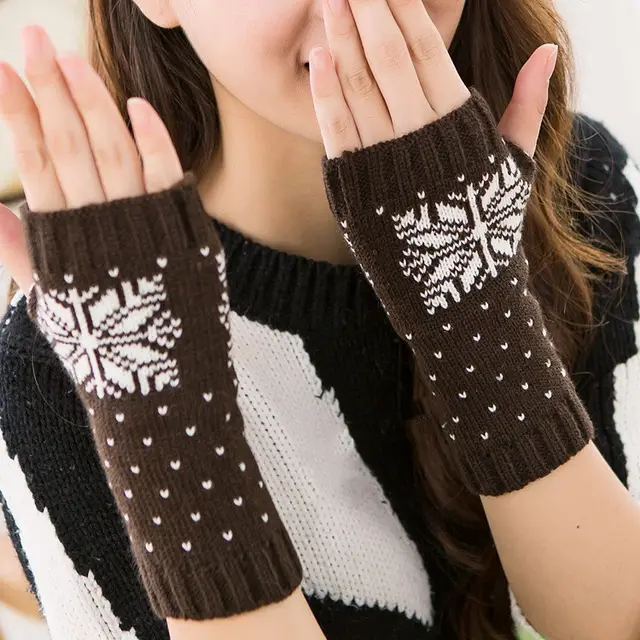 Knitted Half Finger Typing Warm Women Snowflake Christmas Gloves Dark Coffee White - Shop at LoveMi