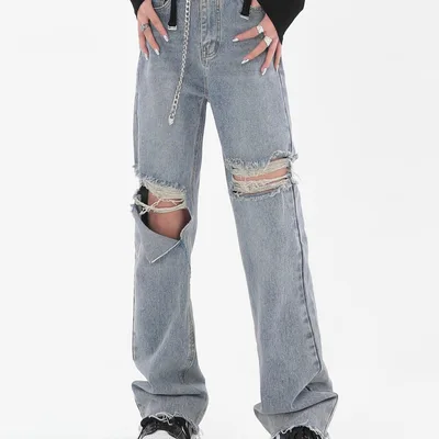 Women's Summer American Style Retro Ripped Jeans Blue - Shop at LoveMi