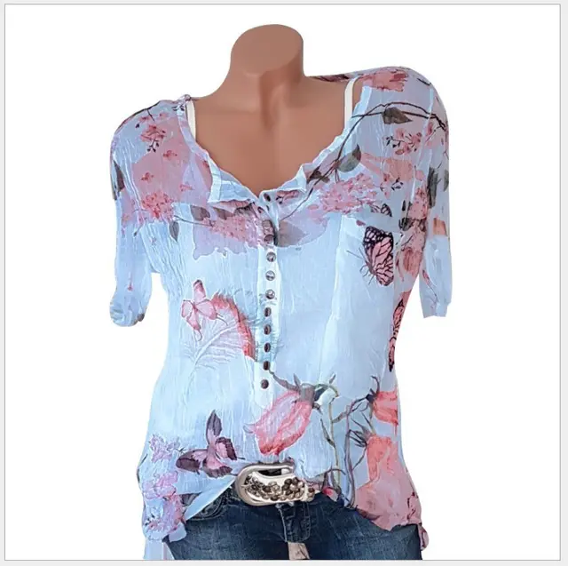 Short Sleeve Printed Shirt Button Top Chiffon Shirt Blue - Shop at LoveMi