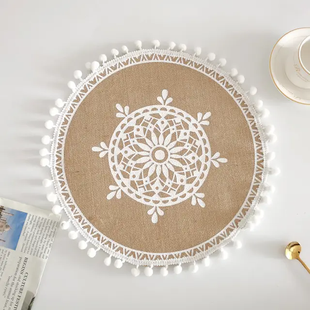 Nordic Braided Placemat Jute Decorative Round Fringe Edge Cotton Ball Style4 - Shop at LoveMi