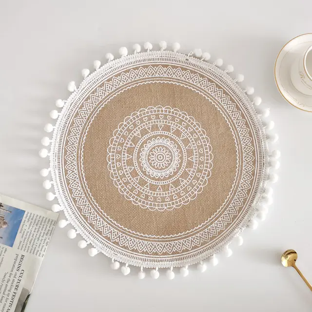 Nordic Braided Placemat Jute Decorative Round Fringe Edge Cotton Ball Style5 - Shop at LoveMi