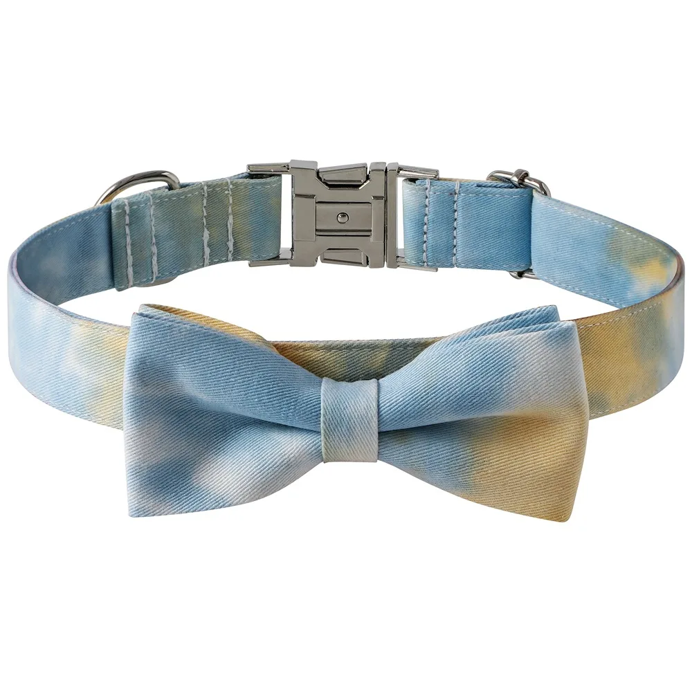 New Cotton Tie-dye Pet Collar Alloy Buckle Bow - Blue - View 1