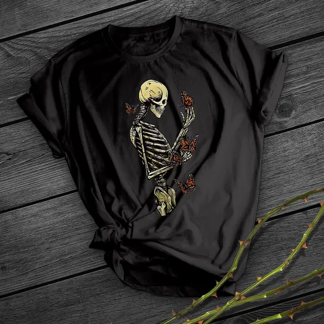 European And American Skull Rose Print Short Sleeve Black - Shop at LoveMi