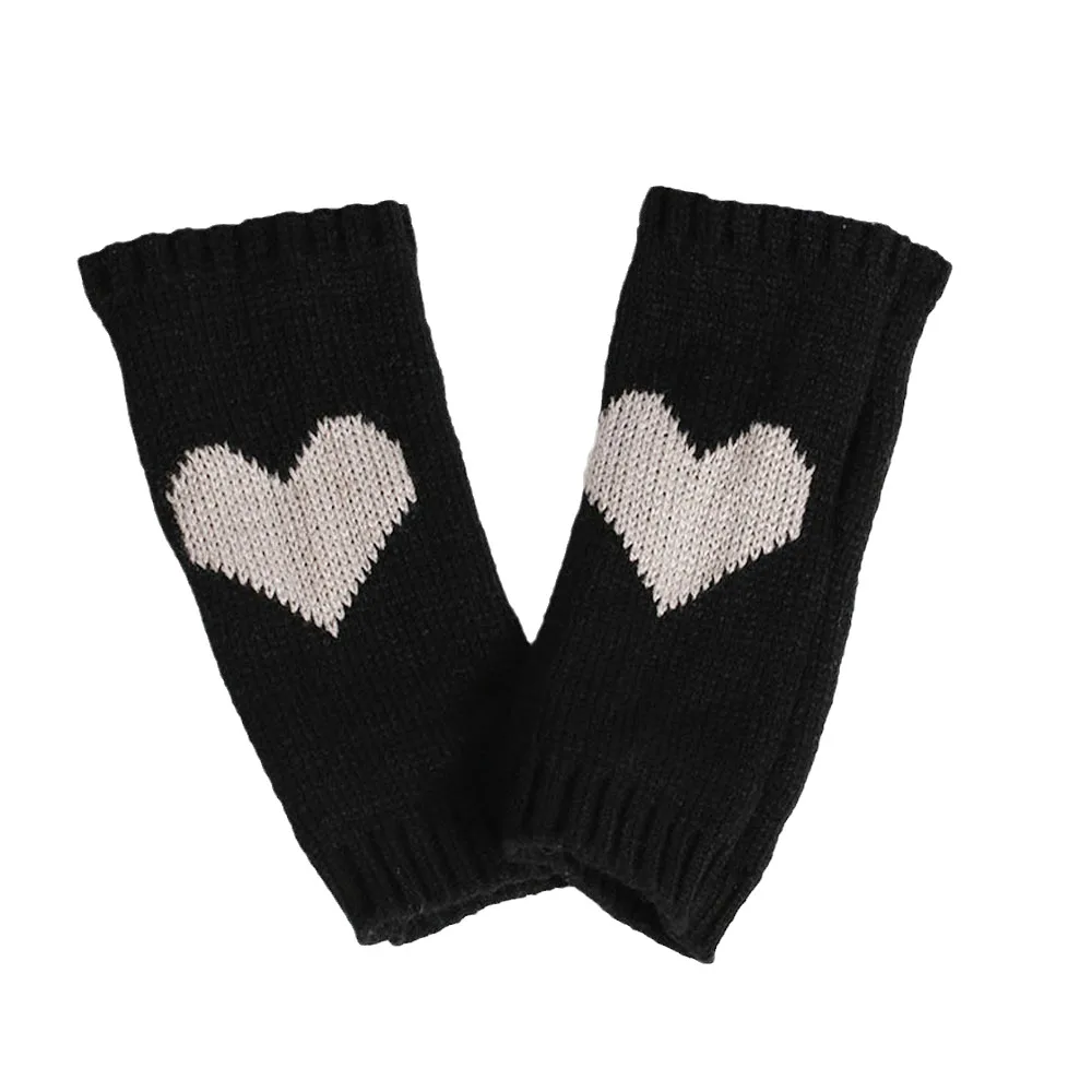 Fingerless Wool Warm Big Heart Gloves Knitted - Black