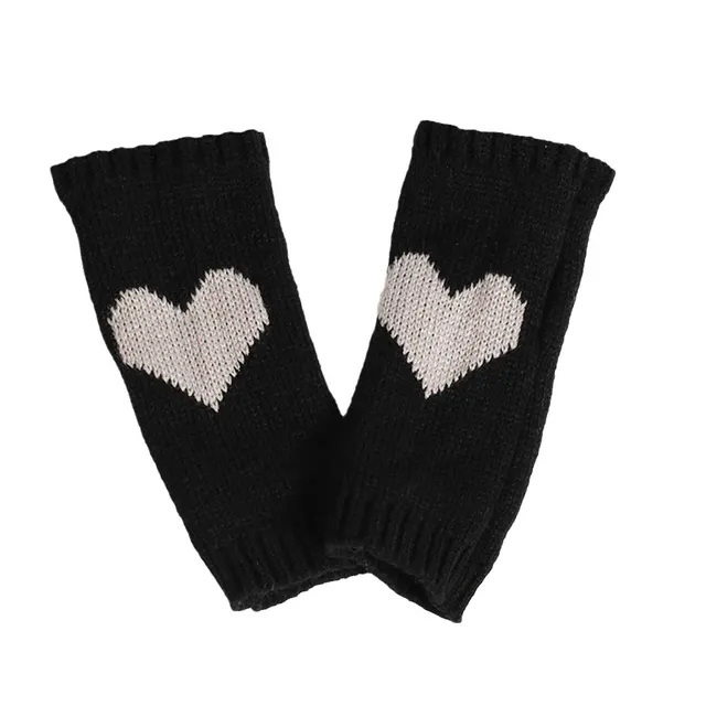 Fingerless Wool Warm Big Heart Gloves Knitted Black - Shop at LoveMi