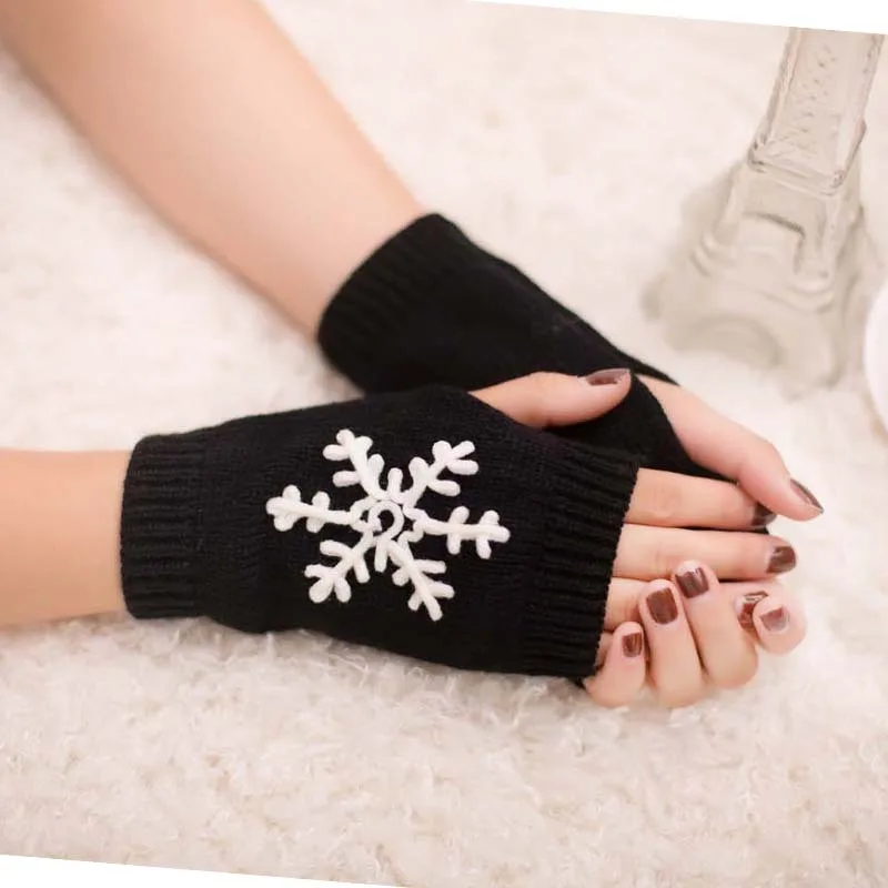Christmas New Knitted Half Finger Embroidered Warm Gloves - Black